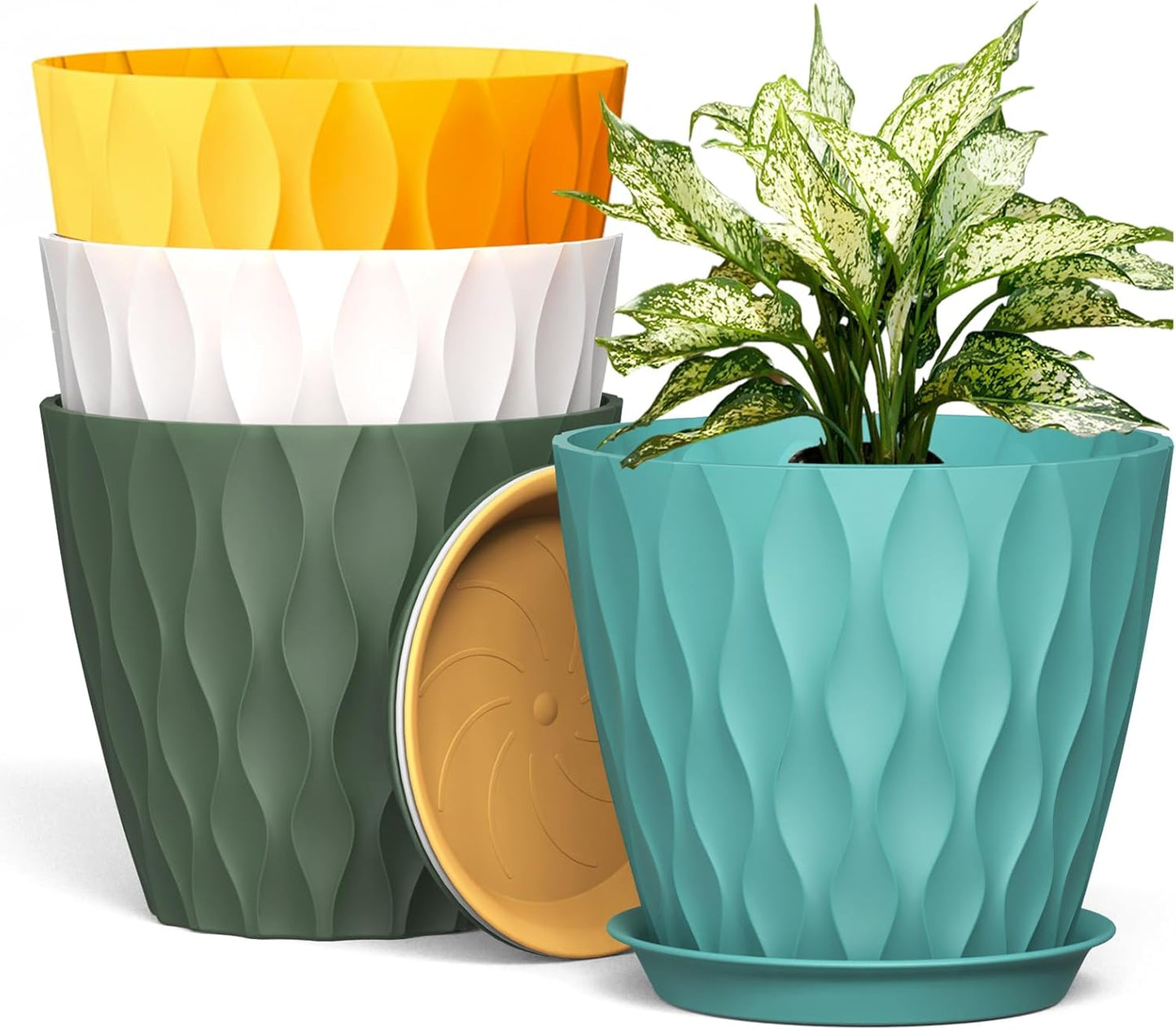 UOUZ 8-Inch Plastic Plant Pots - 4 Pack Indoor/Outdoor Planters with Drainage Holes & Saucers | Waffle Texture