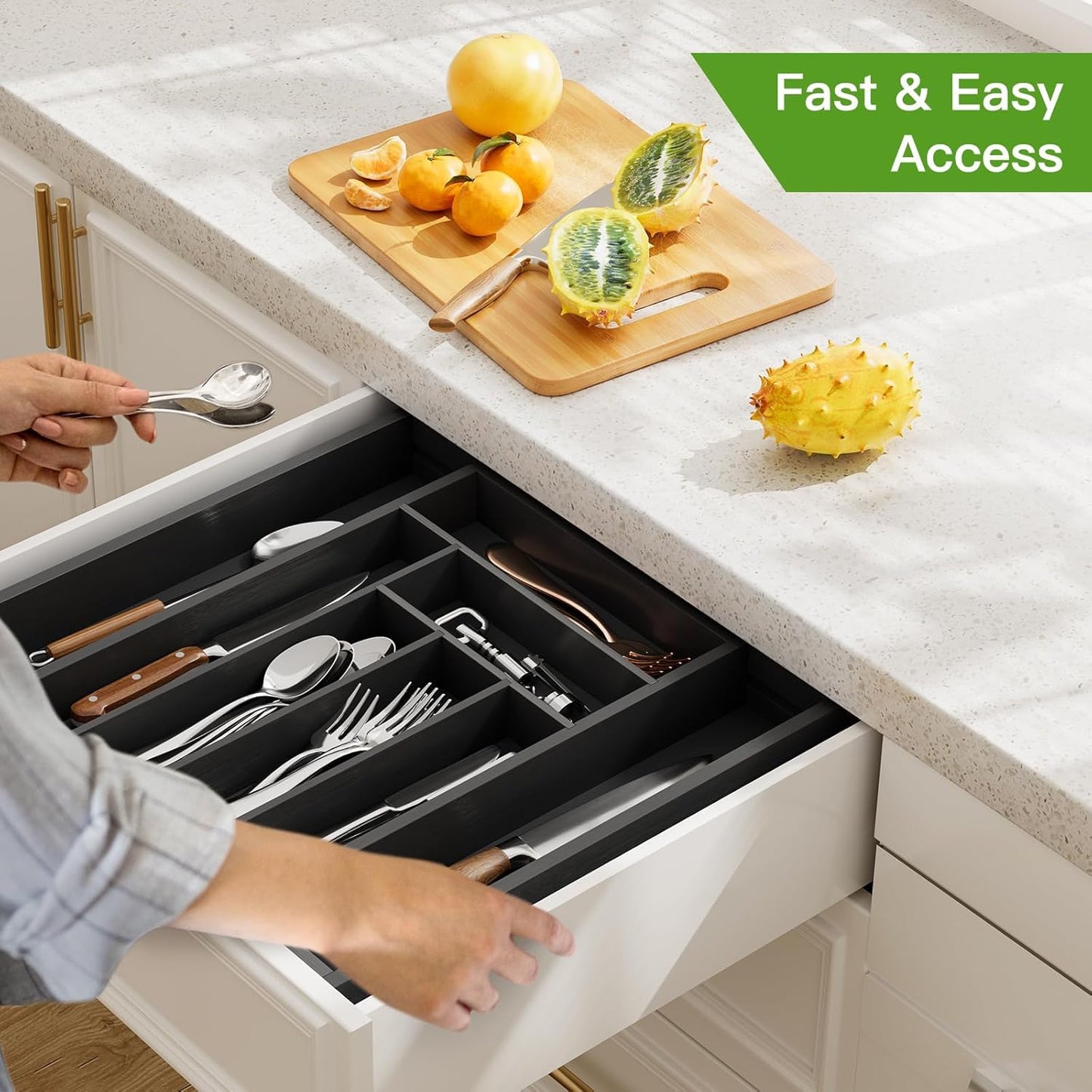Pipishell Bamboo Drawer Organizer - Adjustable Utensil Holder with Wood Dividers | Black, Multi-Size
