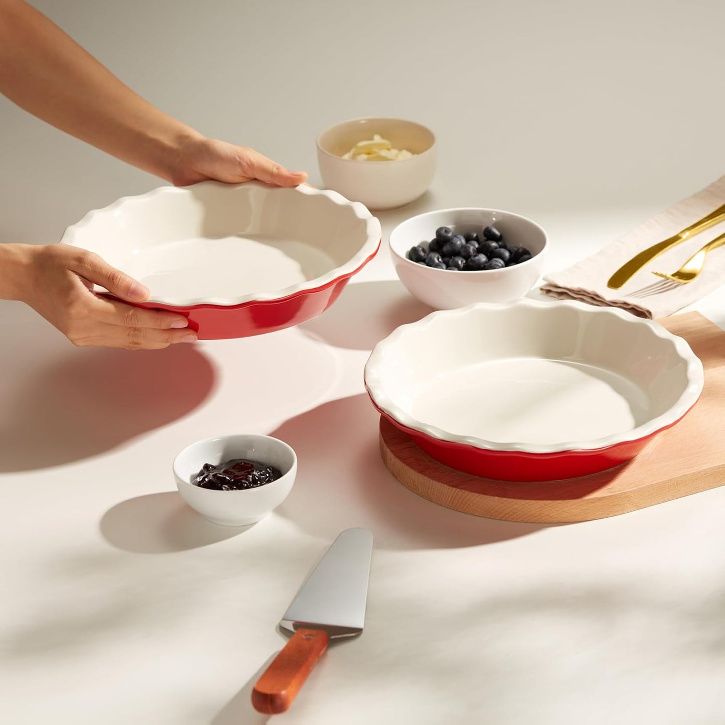 KooK Ceramic Pie Pan Set - 9-Inch Reusable Round Baking Dish with Wave Edge | Microwave & Oven Safe, Cherry