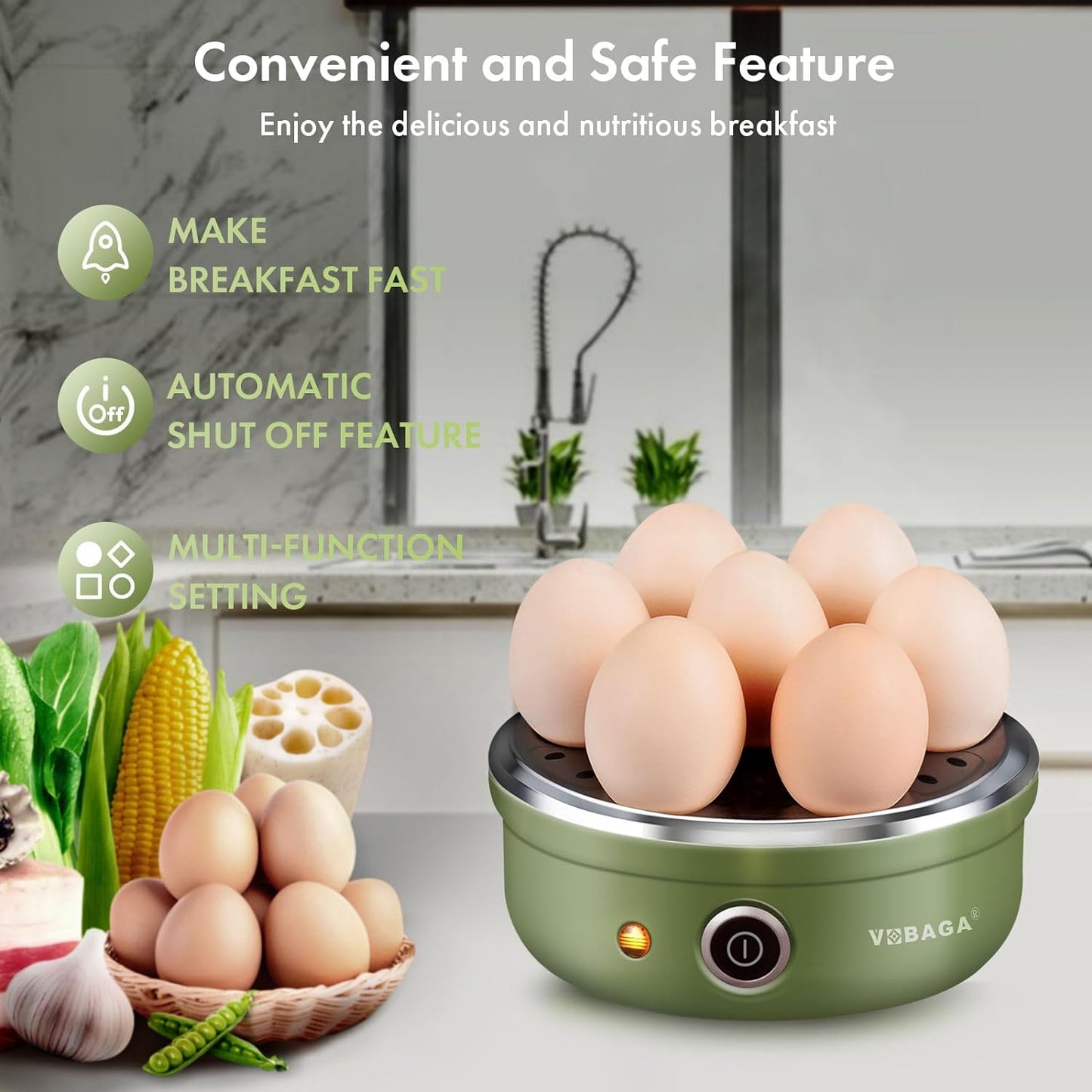 VOBAGA Electric Egg Cooker - Rapid Egg Boiler with Auto Shut Off | 7-Egg Capacity, Stainless Steel Tray, Green