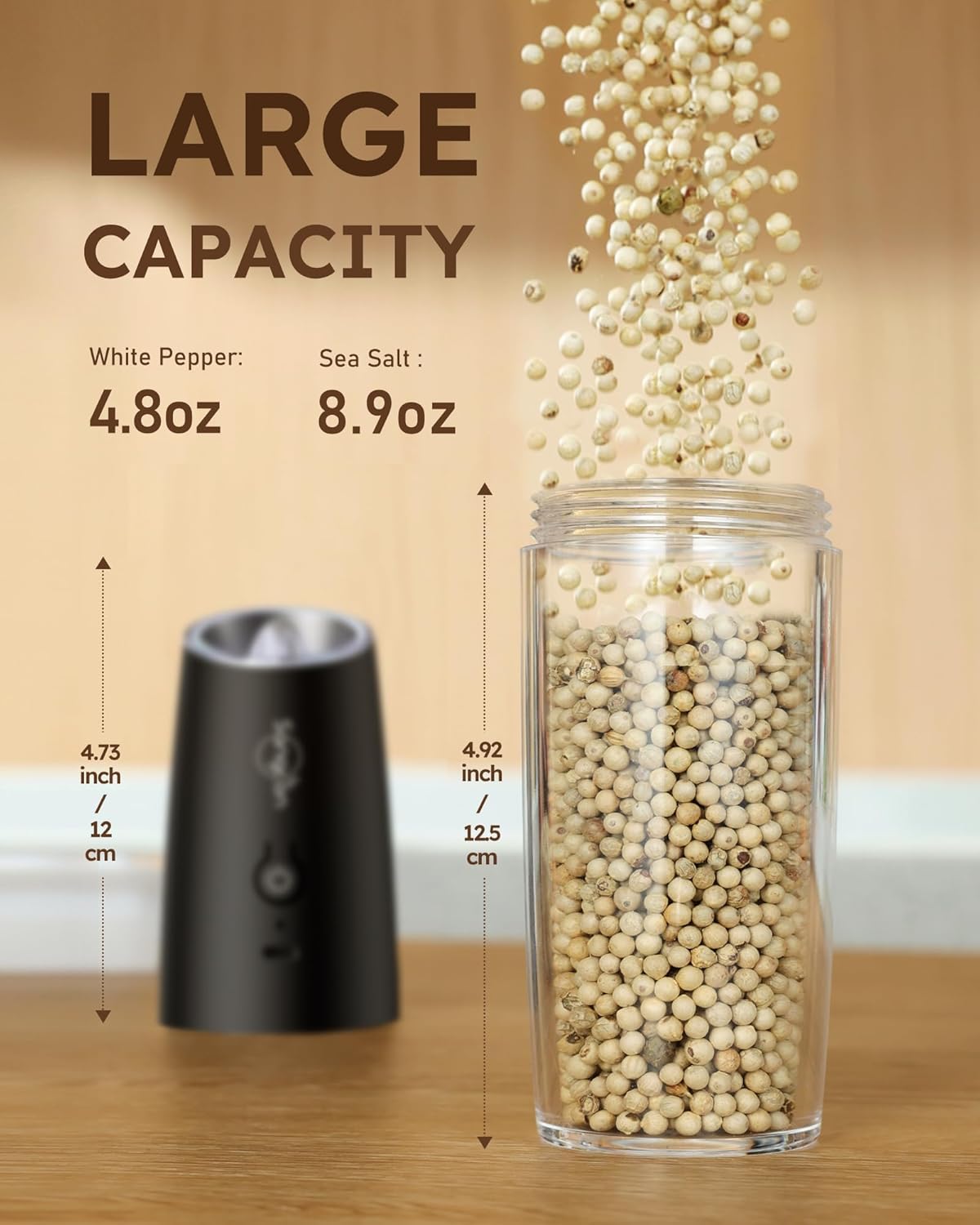 Sangcon Gravity Electric Salt and Pepper Grinder Set - Upgraded Rechargeable 9oz XL Capacity | USB-C, LED Light, One-Hand Operation