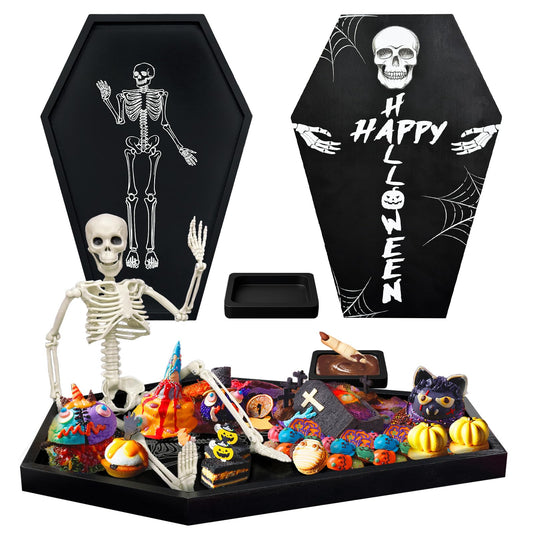 Fayavoo Wood Halloween Coffin Charcuterie Board with Skeleton Patter, Black Coffin Serving Trays with Dipping Saucer, Spooky Halloween Platters for Food Snack Candy Cheese Party Serving Dishes
