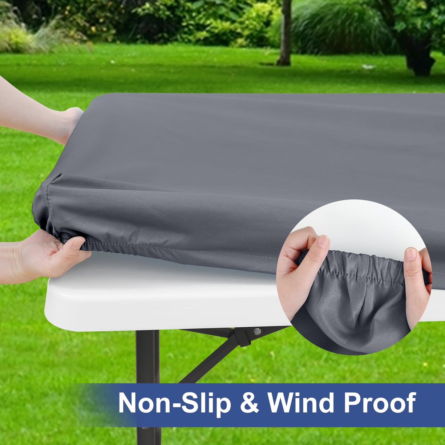 homing 2 Pack 6 Foot Rectangle Elastic Fitted Tablecloth, Waterproof Fabric Table Cover, Washable Polyester Table Cloth for Picnic, Camping, Outdoor (Grey, 30" x 72")