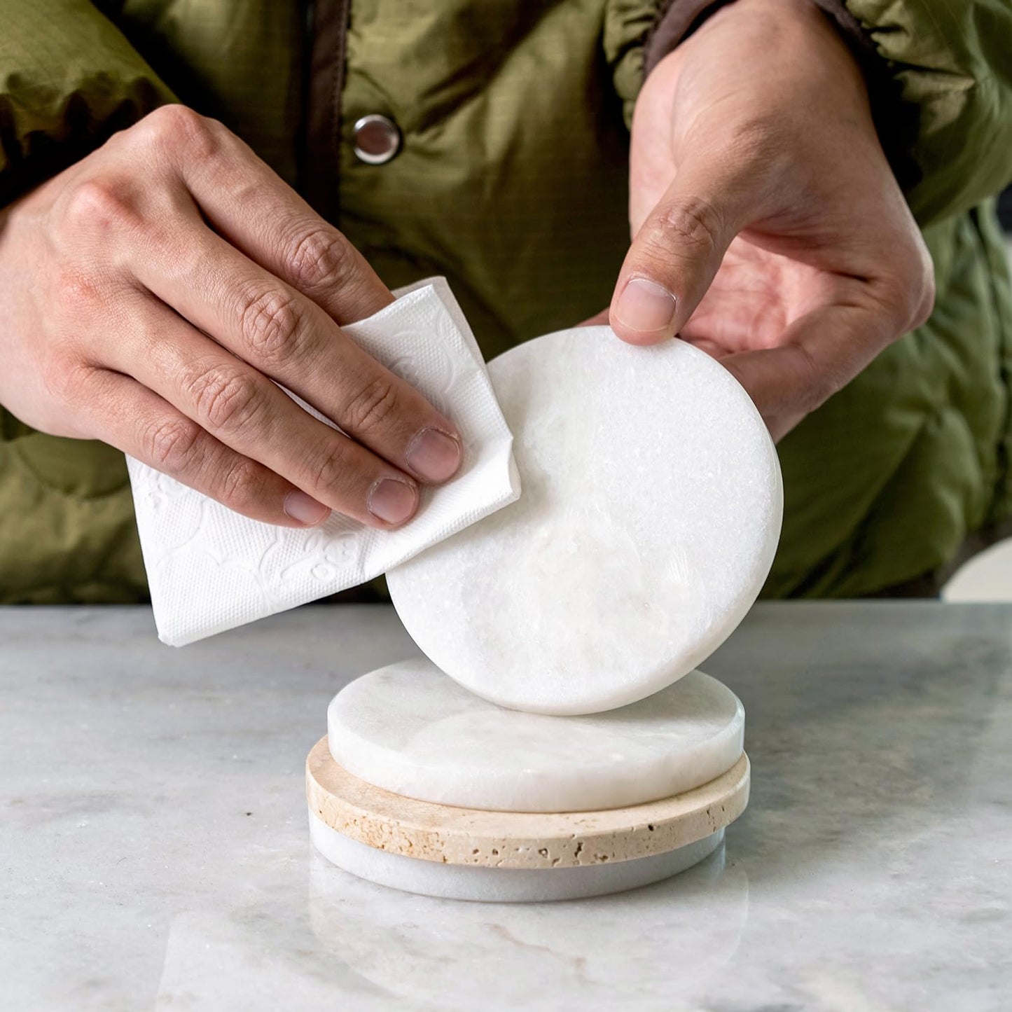 Koville White Marble Coasters Set of 6 for Coffee Table, 3.9" Inches Handmade Round Coaster, Luxury Aesthetic Modern Drink Coaster for Table Décor Home Décor, Coasters for Dining, Bar or Office