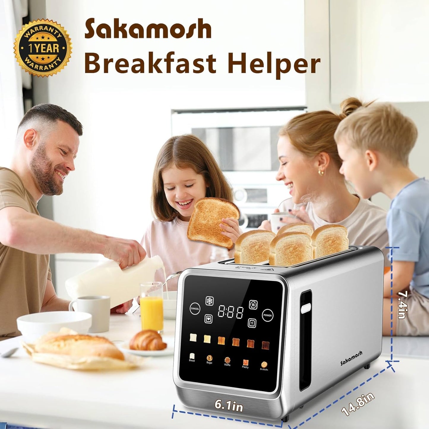 SAKAMOSH Smart Toaster - 4 Slice Digital Toaster with Touch Screen & 6 Browning Levels | Stainless Steel