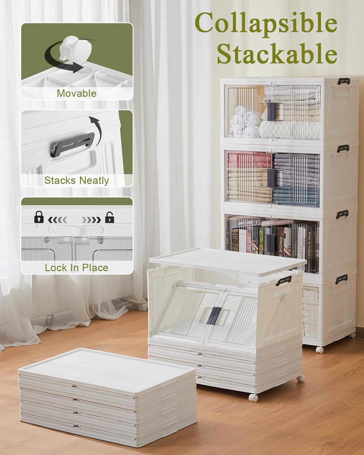 OlarHike 76QT Lockable Storage Bins - Collapsible Plastic Boxes with Lids & Wheels | 4-Pack Organizer