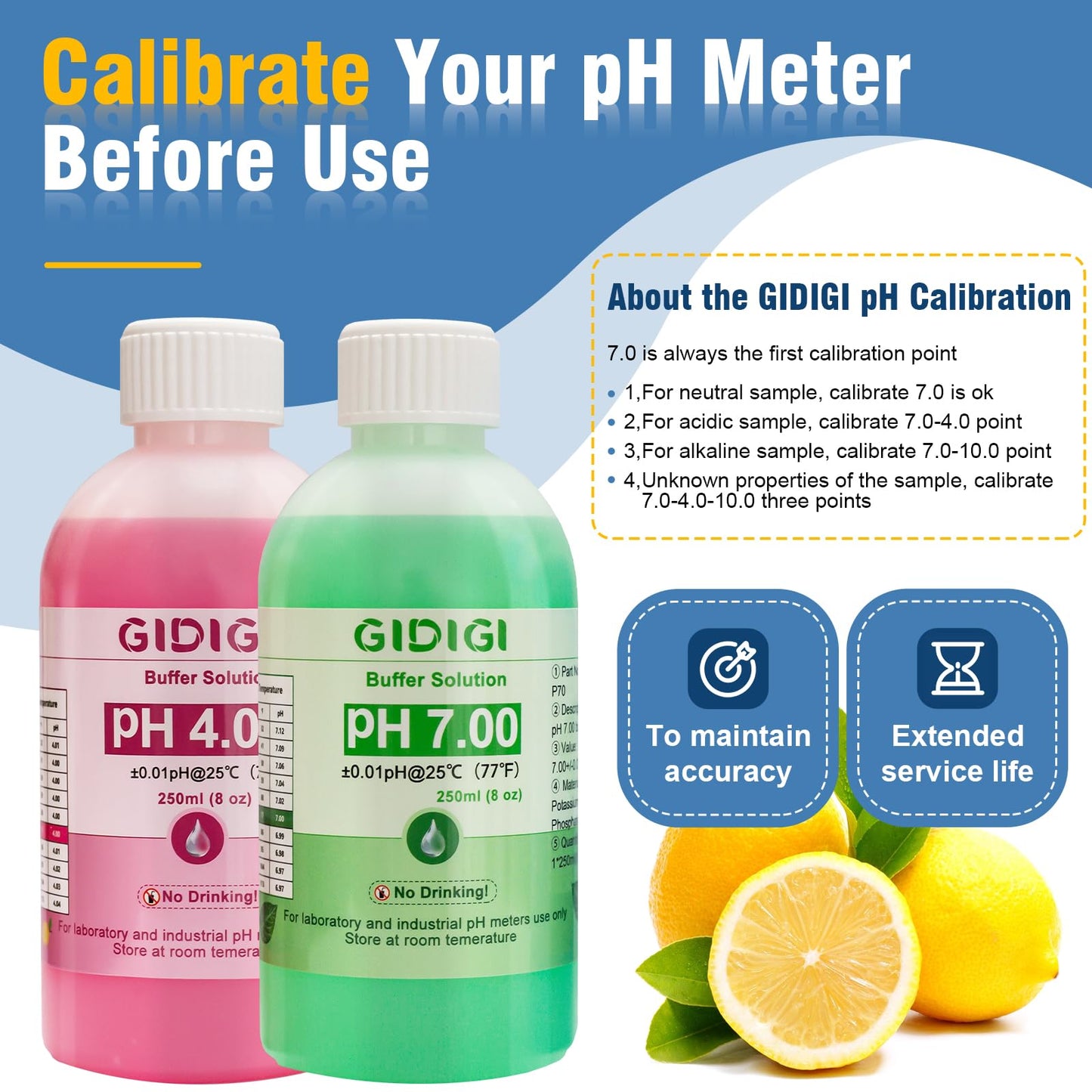 pH Meter Calibration Solution Kit,Includes 4.00, 7.00 and Electrode Protection,Calibration Buffer 250ml*2,Probe KCL Storage 30ml*1, pH Meter Accessories