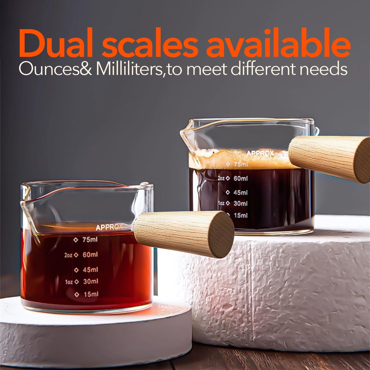 YARRAMATE 2.5 oz/75ML Espresso Cups with Wood Handle, Clear Glass Espresso Accessories, Double Spout Measuring Cup with Dual Scale, Espresso Shot Glass with V-Shaped Spout, Dishwasher Safe