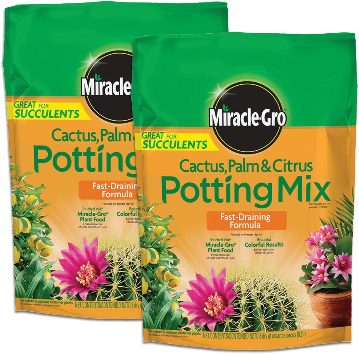 Miracle-Gro Cactus, Palm & Citrus Potting Mix - Ideal for Indoor/Outdoor Plants, 8 Qt, 2-Pack