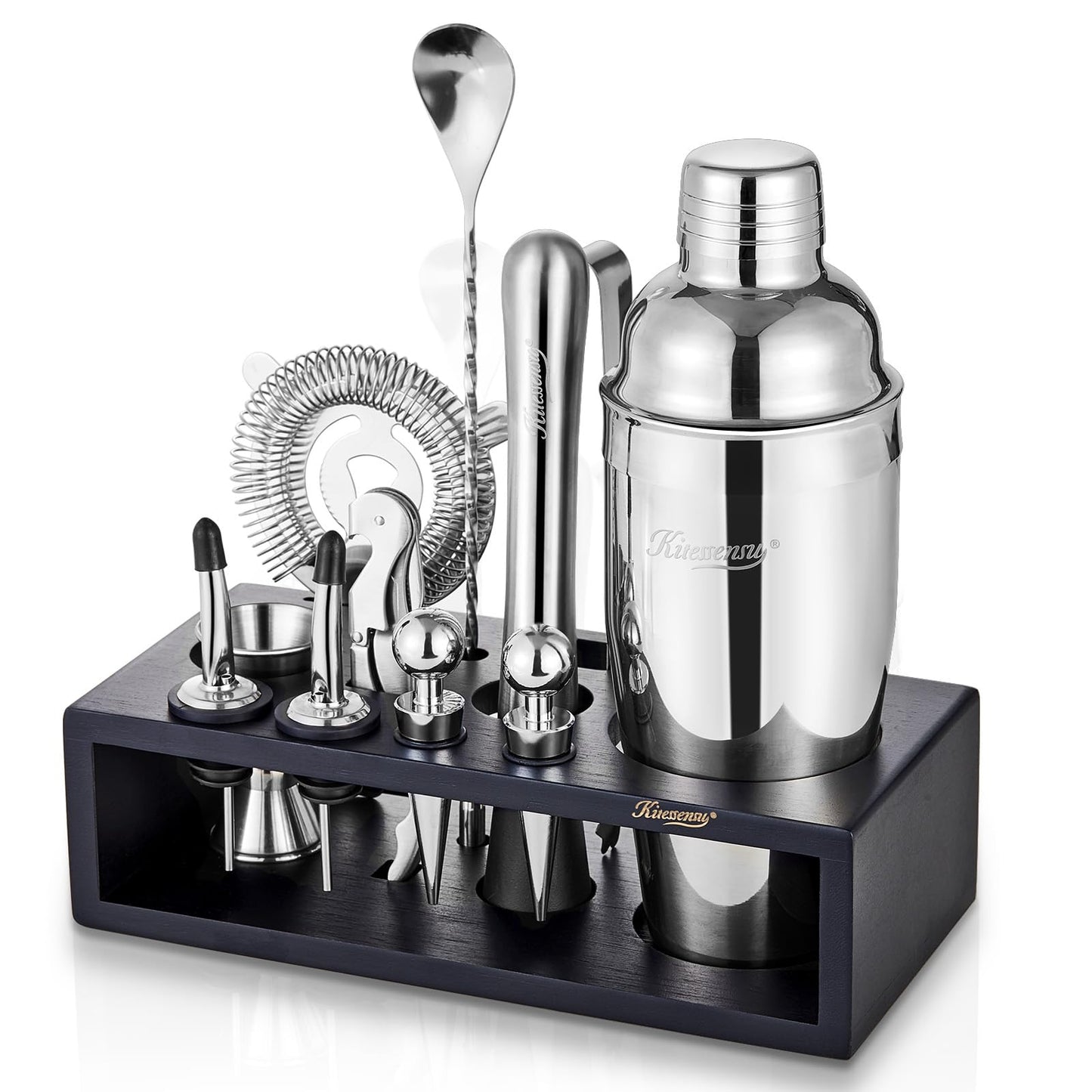 KITESSENSU Cocktail Shaker Set with Stand | Mixology Bartender Kit Bar Set with Essential Bar Accessories for Home Bar: Martini Shaker, Jigger, Muddler, Bar Spoon | Drink Mixer Cocktail Kit