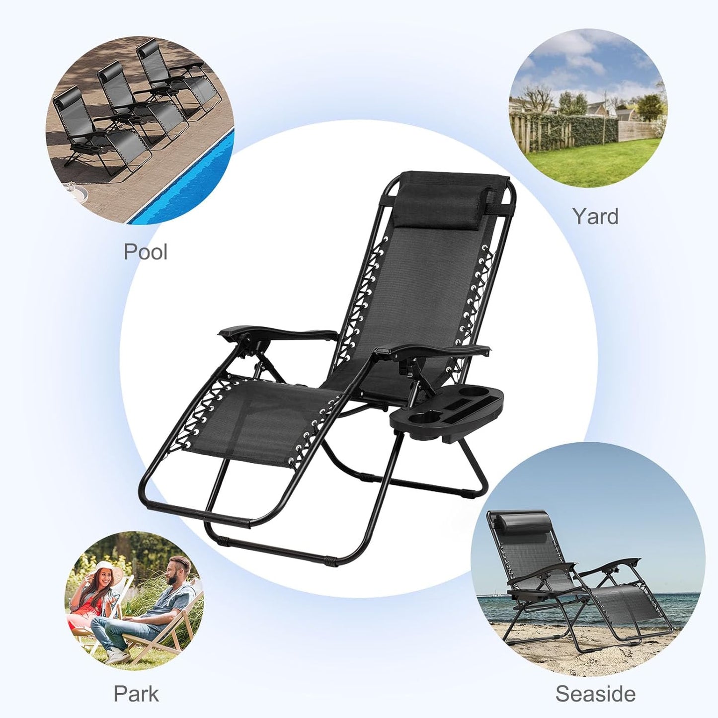 Nazhura Adjustable Zero Gravity Lounge Chairs - Set of 2 Relaxing Patio Recliners with Pillow & Cup Holder | Black