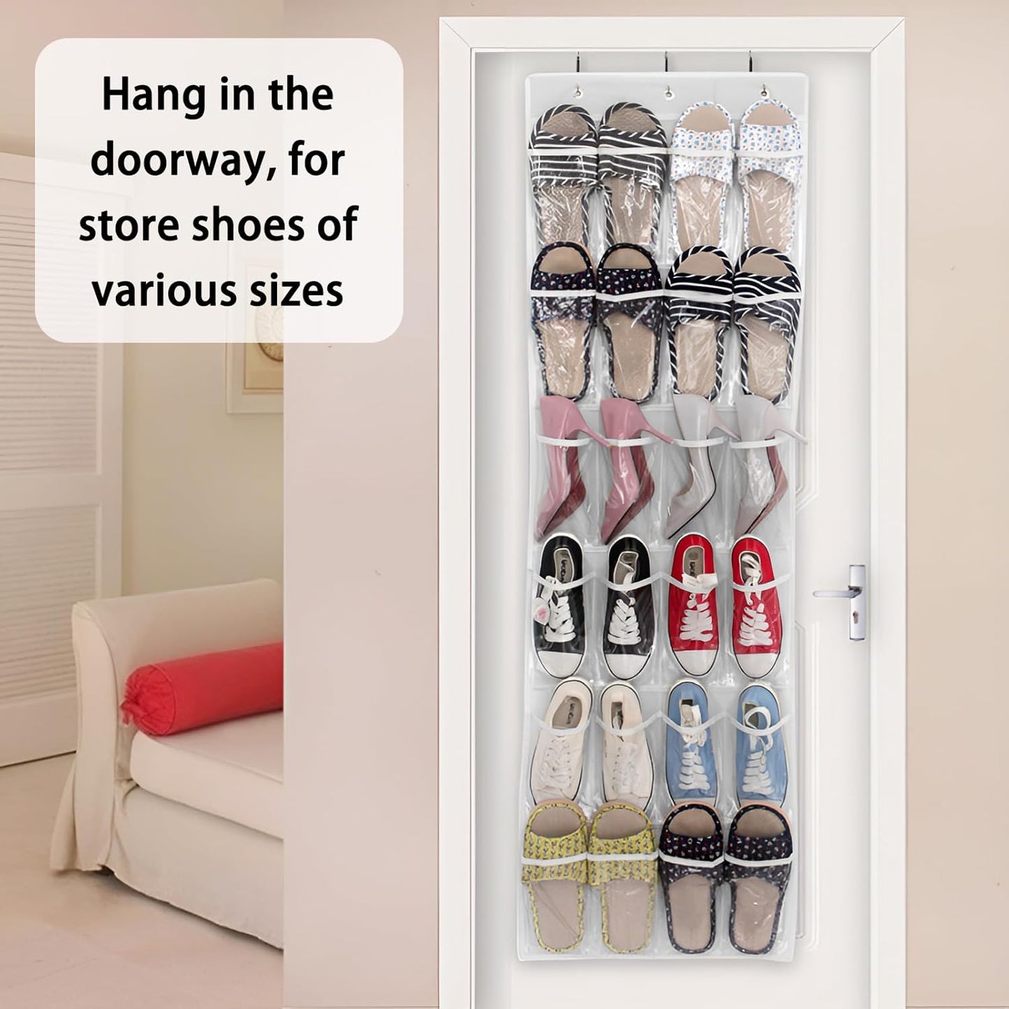 Skiennix 24-Pocket Over-The-Door Shoe Organizer - Large Hanging Rack with Mesh Pockets & 3 Hooks | White