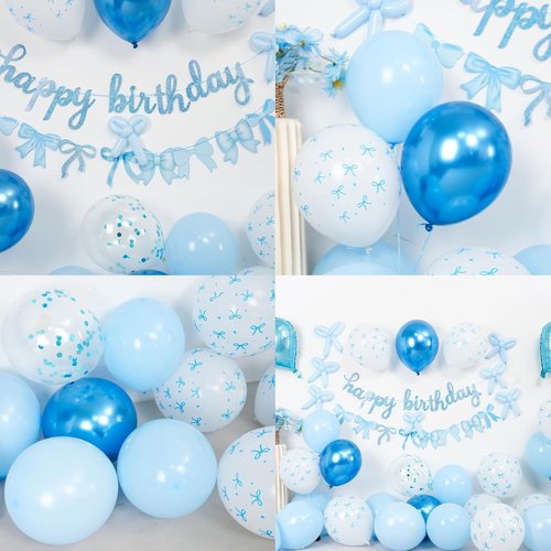 Blue Bow Birthday Decorations - Coquette Party Set with Happy Birthday Banner & Heart Foil Balloons