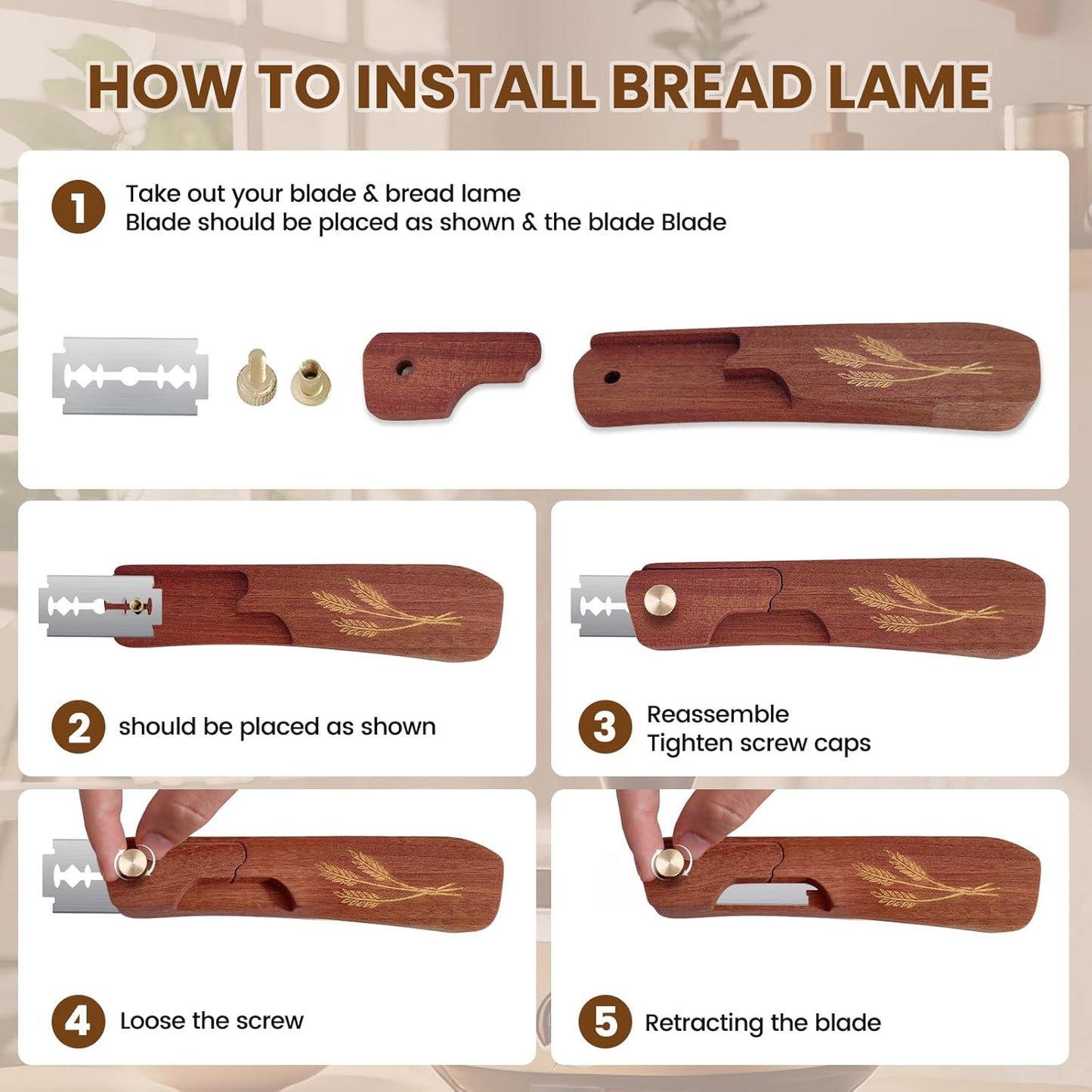 Skiennix Wooden Bread Lame - Handcrafted Sourdough Scoring Tool with Screw Lock & 10 Razor Blades | Reddish Brown
