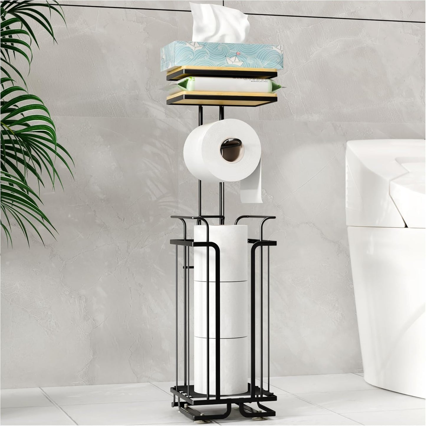 Skiennix Free Standing Toilet Paper Holder - Rustproof Metal Stand with Shelf for 4 Rolls | Black