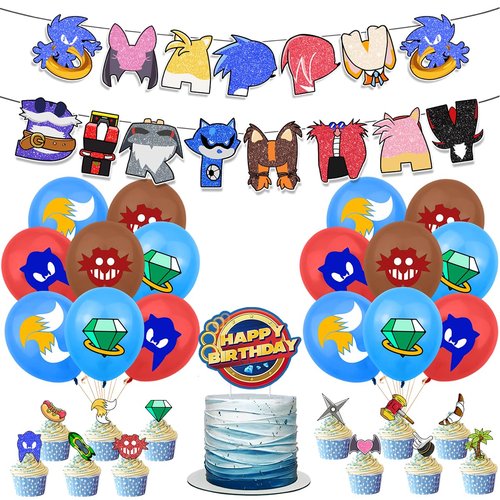 Blue Hedgehog Party Decorations,Blue Hedgehog Birthday Supplies Include Birthday Banner,Balloons,Cake Topper and Cupcake Toppers