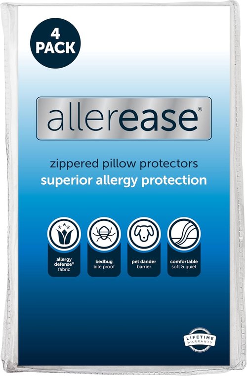 AllerEase Pillow Protectors - Advanced Allergy Protection, Moisture Wicking - Set of 4 Standard/Queen, Zippered