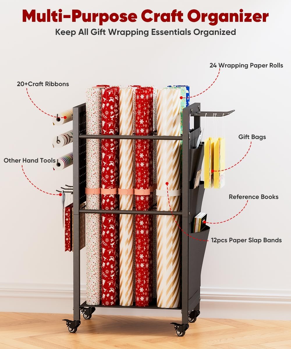 Skiennix Wrapping Paper Storage Organizer - Rolling Gift Wrap Station with Wheels & Ribbon Holder | Black