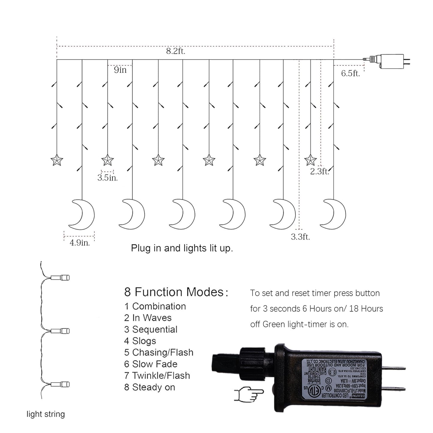 TW SHINE Ramadan Star Moon Curtain String Lights, 138 LED 8.2 FT Star Moon Hanging Lights with 8 Modes and Timer, Waterproof Fairy Lights for Indoor Outdoor Window Holiday Mubarak Ramadan Decorations