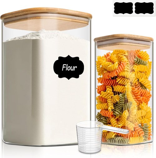 ComSaf Glass Pantry Storage Containers - Airtight 4.6Qt & 1.6Qt Square Jars with Bamboo Lids | Ideal for Flour, Sugar, Rice, and More