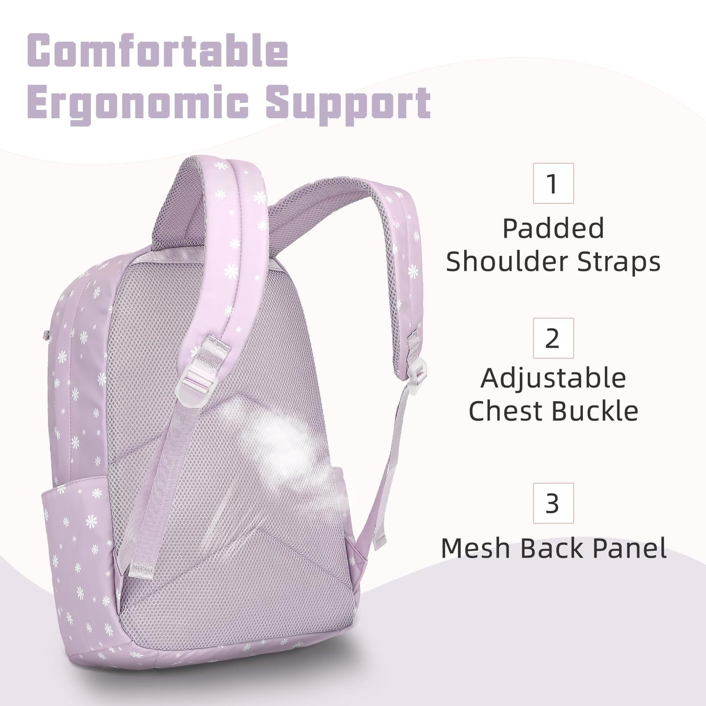 Flowers School Backpack for Girls, 3PCS Bookbags Set with Lunch Box Pencil Pouch Elementary Middle School Bag Laptop Back Packs (Daisy Purple)