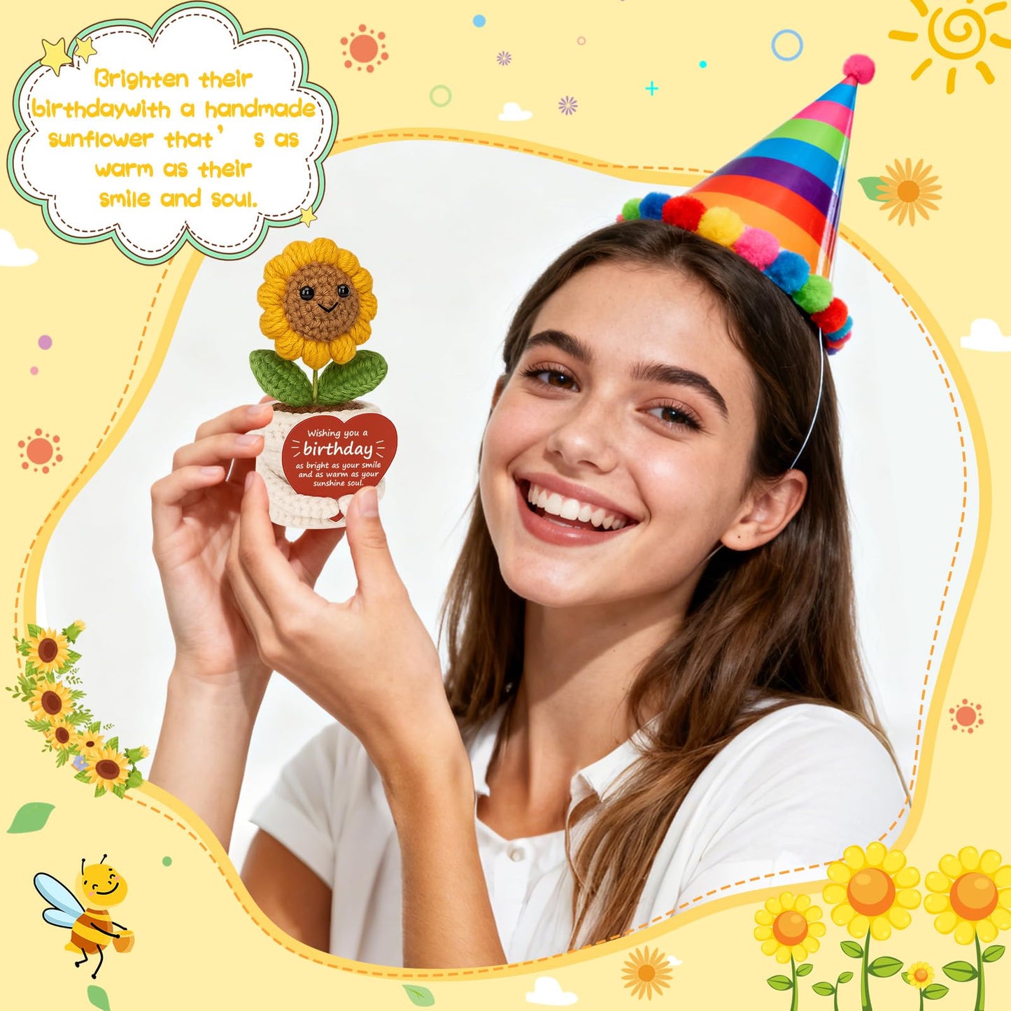 Ovrrcame Crochet Sunflower Plush – Inspirational Funny Happy Birthday Gifts for Women Man, Mom, Sister, Best Friend, Coworker – Unique Gift Ideas for Her, Him, Birthday Decorations/Mothers Day