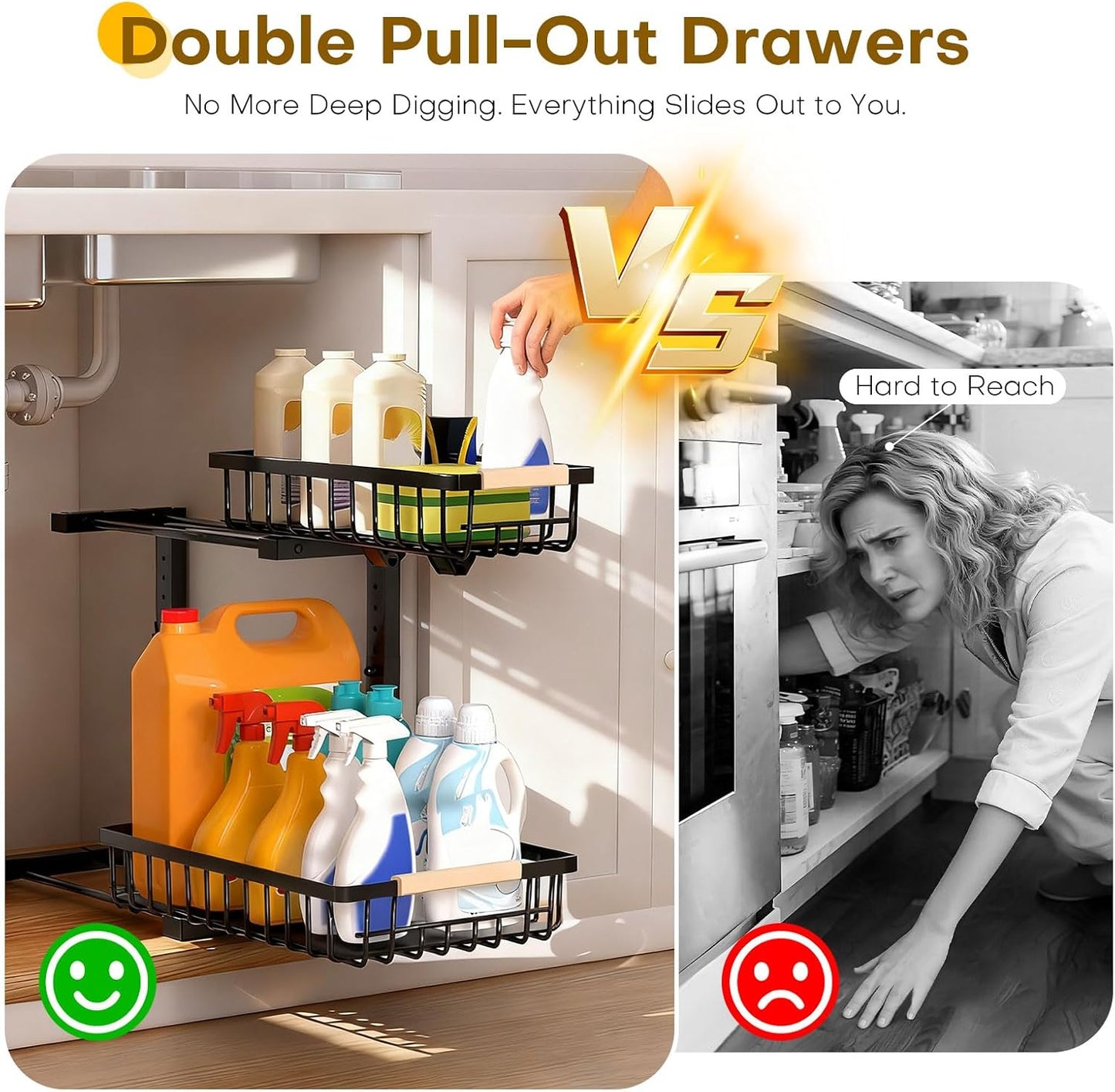 Under Sink Organizer | Heavy-Duty Carbon Steel, Rust-Resistant, 2-Tier Pull-Out Storage, Adjustable Height (13.8" - 16.9"), Black (2PCS)