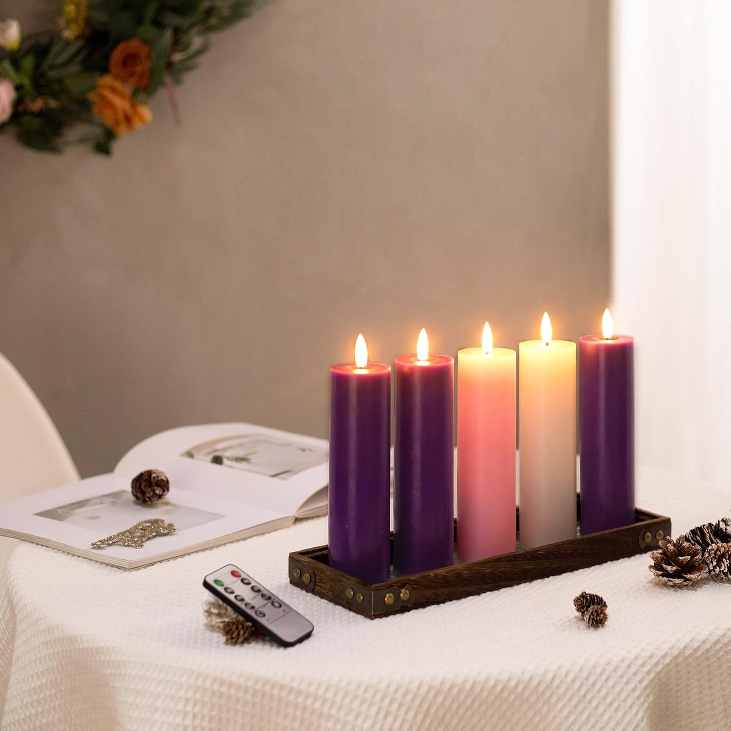 Stmarry Flameless Advent Candles Set - Battery Operated with Remote & Timer | 2x7 Pink & Purple Pillar Candles