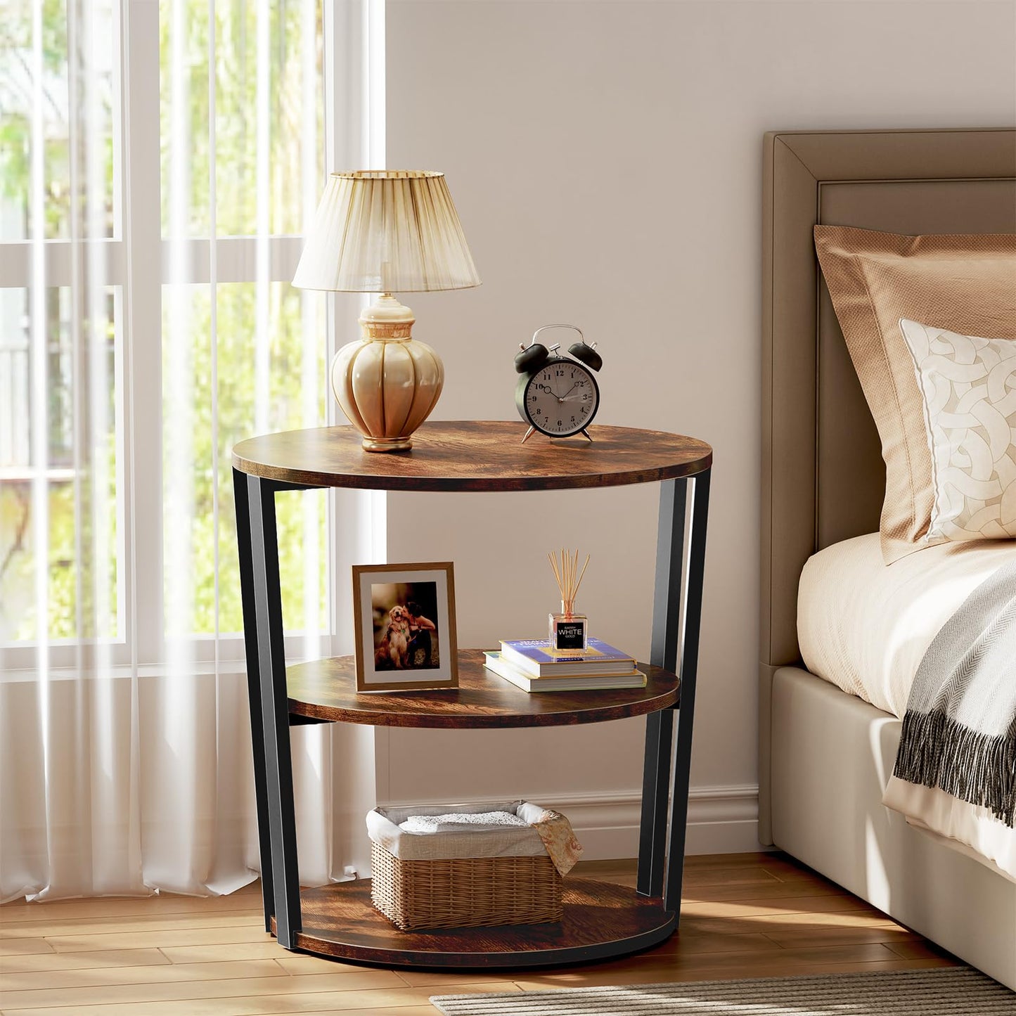 Kalrin Round Side Table, 3-Tier Rotating Side Table, Big Shelf End Table Living Room with Lazy Susan, Nightstand for Small Spaces Living Room Bedroom Sofa, Vintage Brown