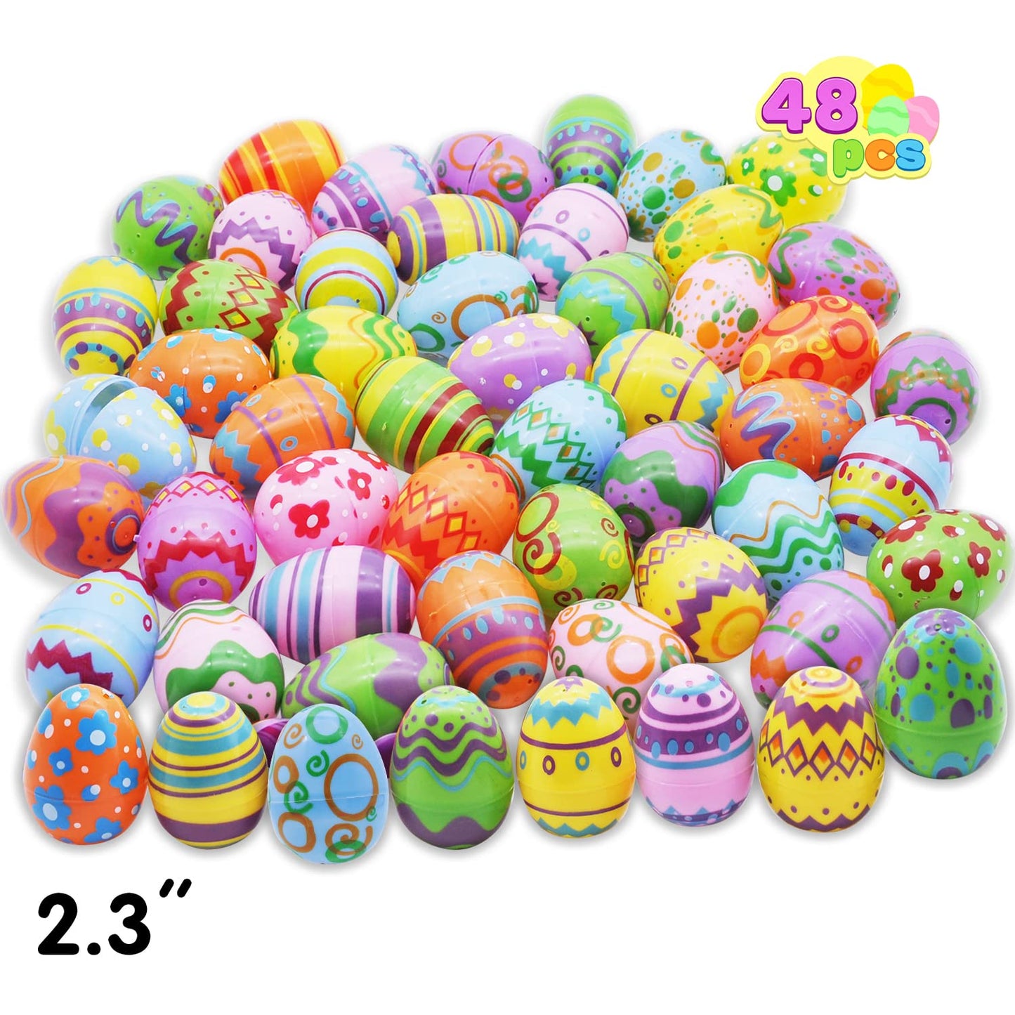 JOYIN 48 Pcs Plastic Printed Bright Easter Eggs 2.3" Tall for Easter Hunt, Basket Stuffers Fillers, Classroom Prize Supplies, Filling Treats and Party Favor