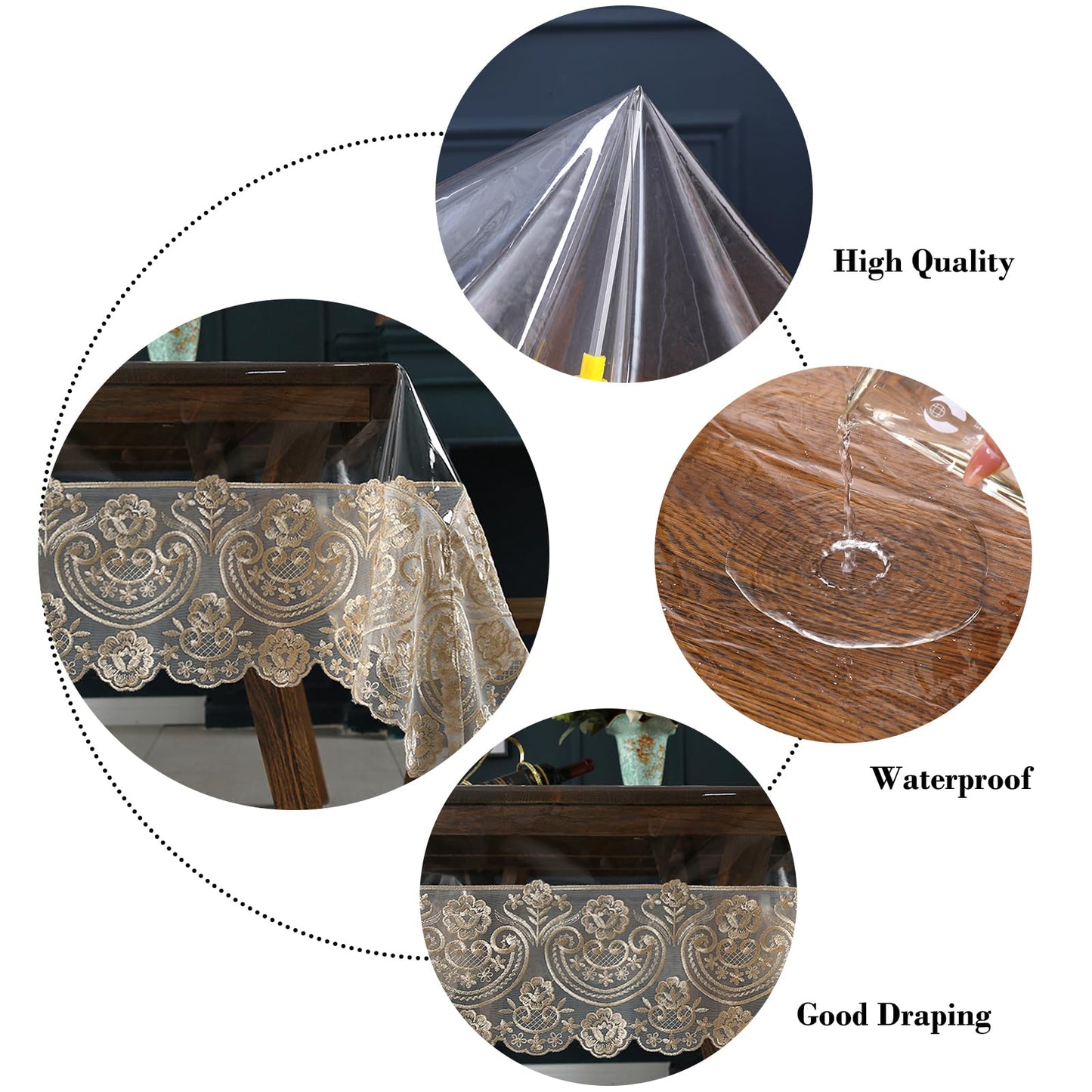 Rakila Clear Plastic Rectangle Tablecloth Vinyl Waterproof Table Cloth Embroidered Lace Edge Transparent Table Cover for Dining Kitchen Outdoor(60 x 118 inch, Coffee Style 1)