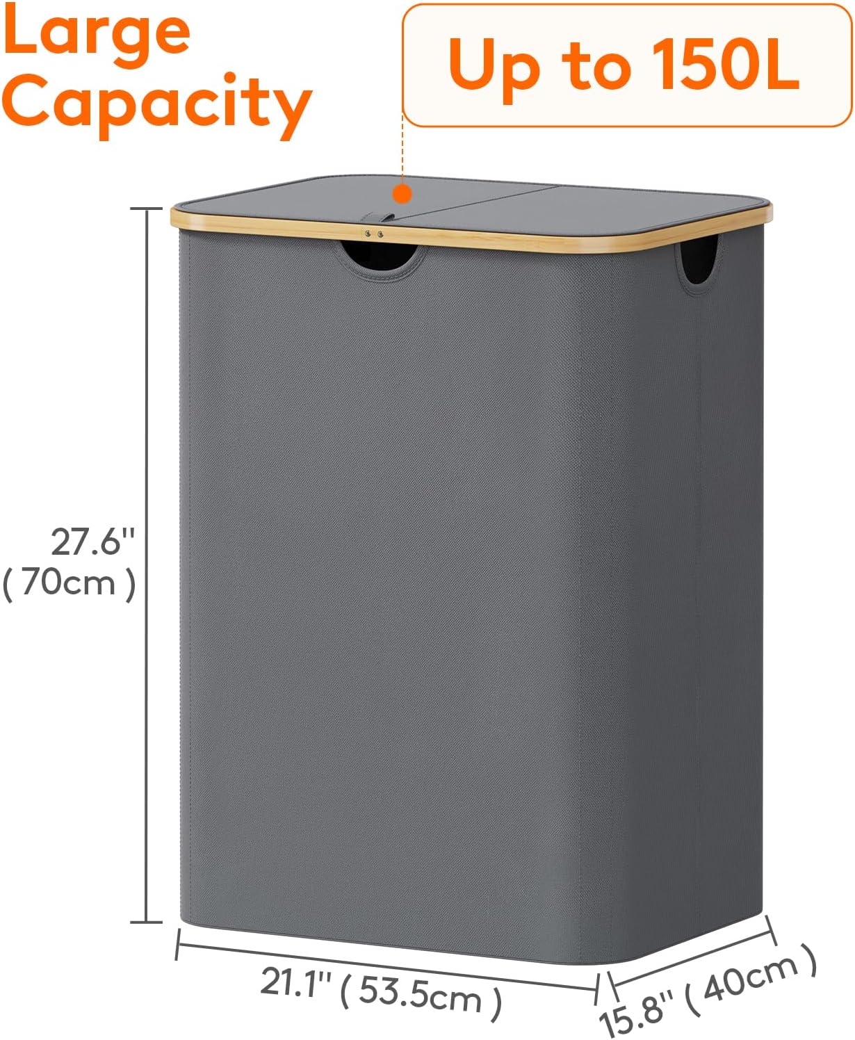 Lifewit 150L Laundry Basket - Foldable Hamper with Lid & Bamboo Handles | 2 Removable Bags, Grey