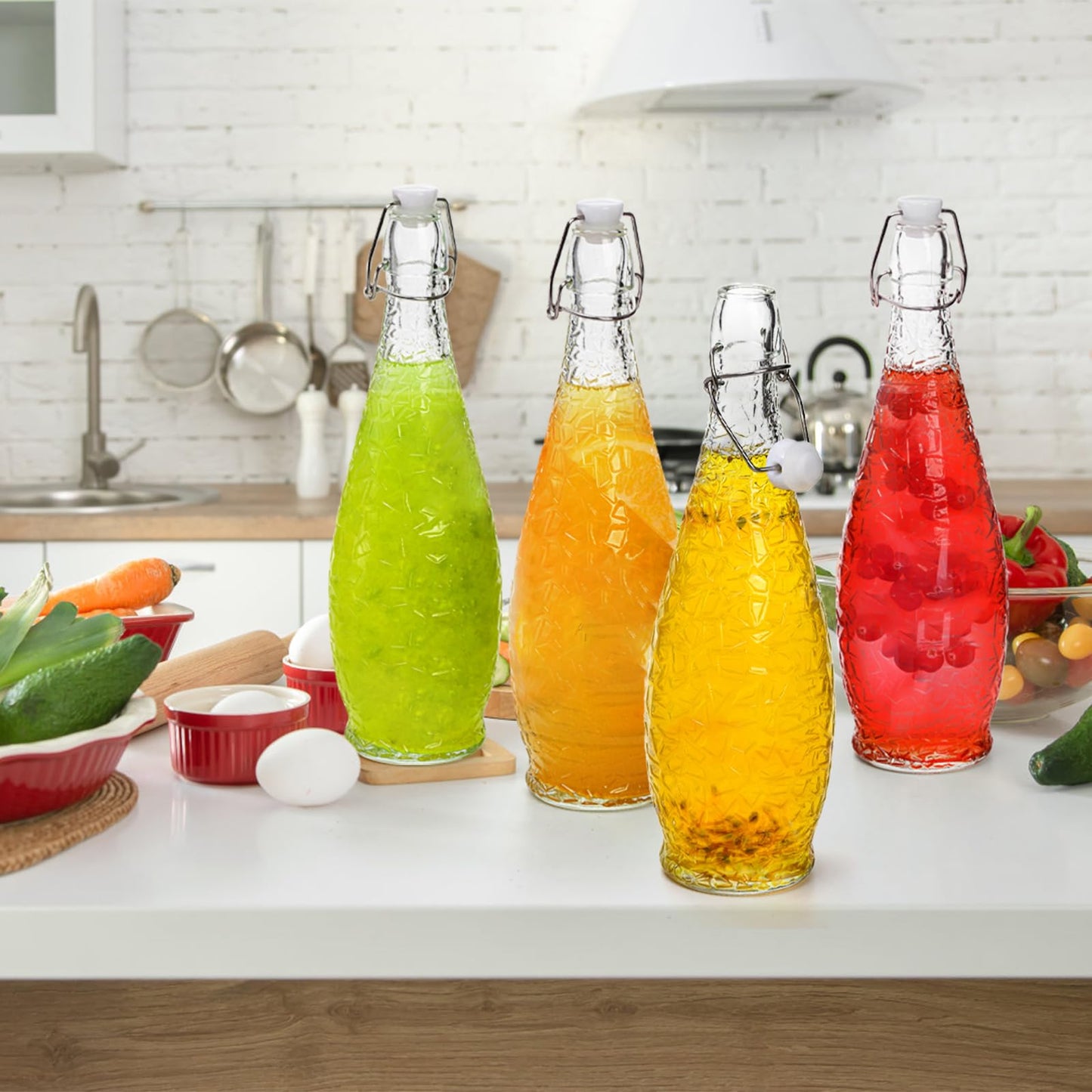 Nicunom 4 Pack 32 oz Swing Top Glass Bottles with Stopper, Airtight Flip Top Glass Bottles for Brewing, Kombucha, Beverages, Beer, Vinegar, Soda, Smoothies, Kefir, Juicing, Includes Brush & Funnel