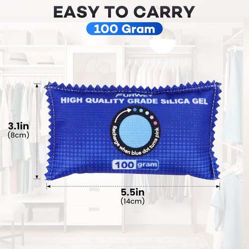 FURWEY Rechargeable Desiccant Packs - 12 Pack, 100g Each | Color Indicating Silica Gel Dehumidifiers for Storage & Cars