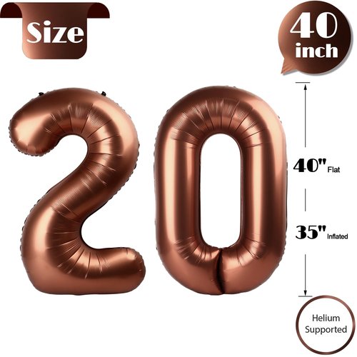 Dark Brown Number 20 Balloon 40 inch, Coffee Brown 20 Number Balloons, 20th Birthday Decorations, Chocolate 20 Year Old Girls Boys Party Supplies
