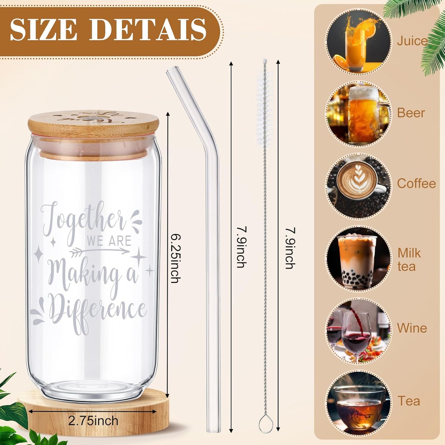 Tioncy 12 Pcs Positive Thank You Gifts for Women Appreciation Teacher Nurse Christian Religous Gifts 16oz Glass Cup with Bamboo Lids Straws Coffee Drinking Jars for Coworker