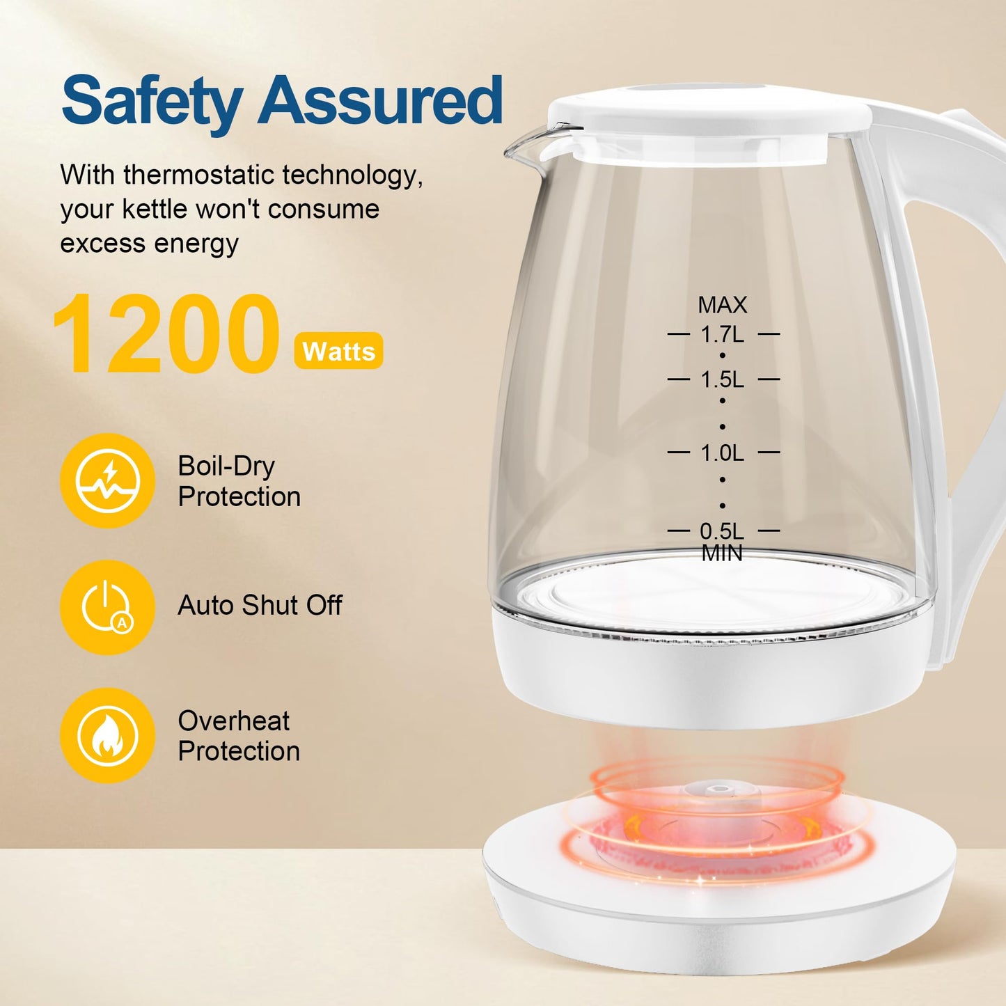 KEINVE Electric Kettle, 1.7L Tea Kettle & Hot Water Boiler for Coffee & Tea, Water Heater & Teapot, Automatic Shut Off, Borosilicate Glass, 1200W (White)