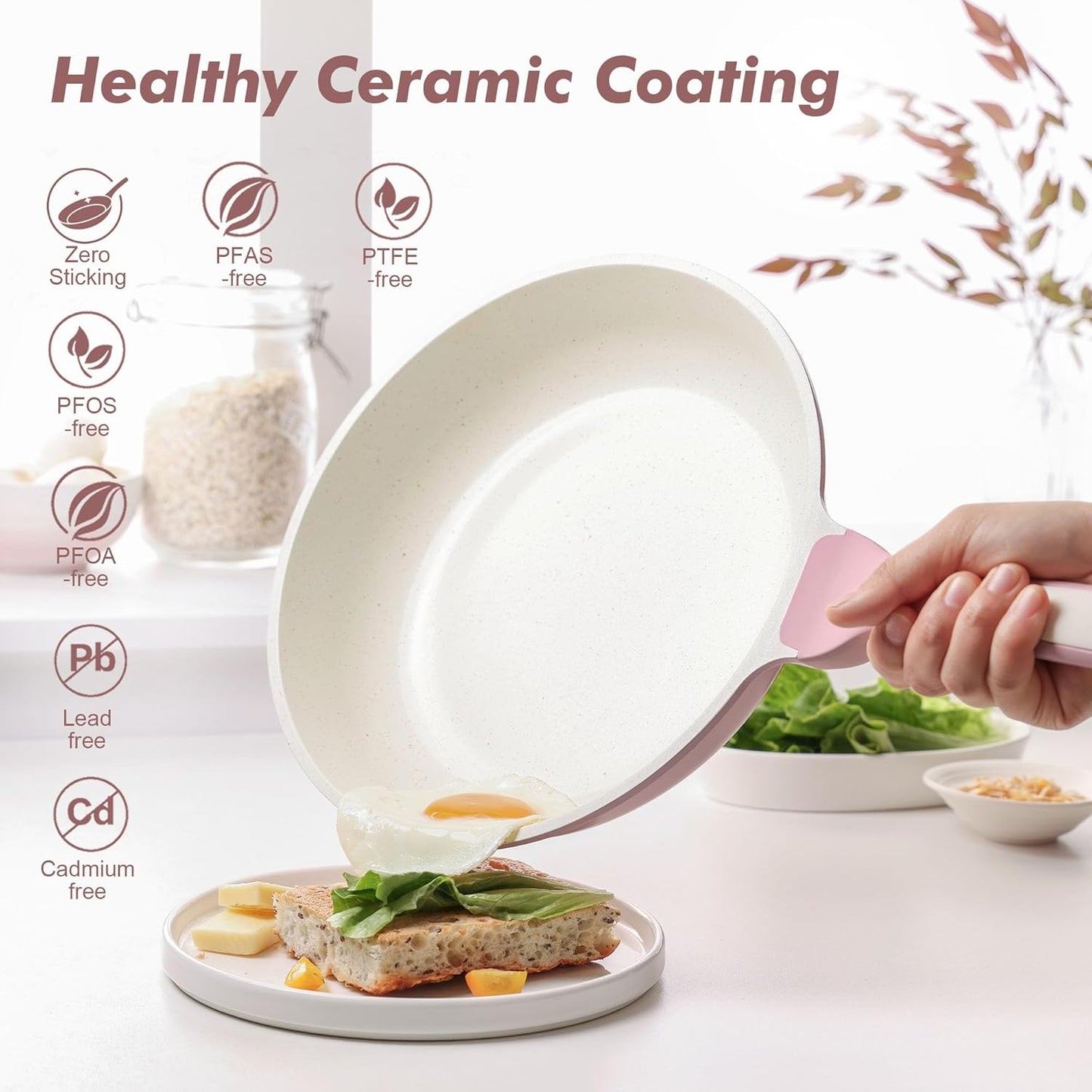 SENSARTE Nonstick Ceramic Frying Pan - 11 Inch Induction-Compatible Skillet with Lid, Sakura Pink