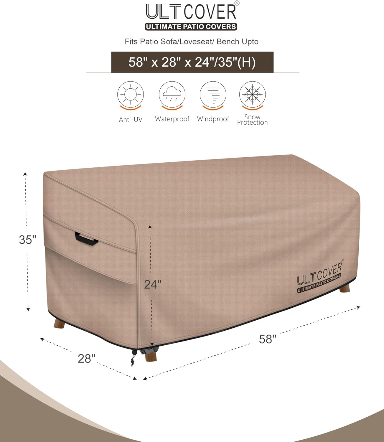 ULTCOVER Waterproof Outdoor Sofa Cover - Heavy-Duty Protection for 58W x 28D x 35H Inch Patio Furniture