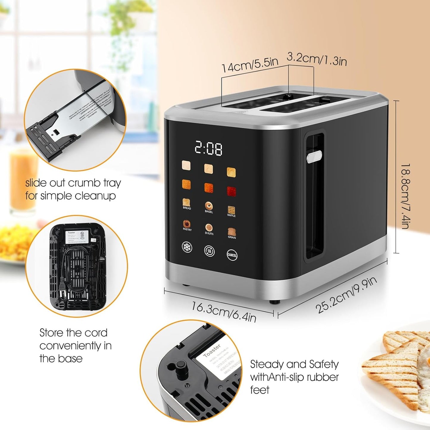 Skiennix 2-Slice Touch Screen Toaster - Digital Timer, 6 Bread Types & Shade Settings | Extra Wide Slots