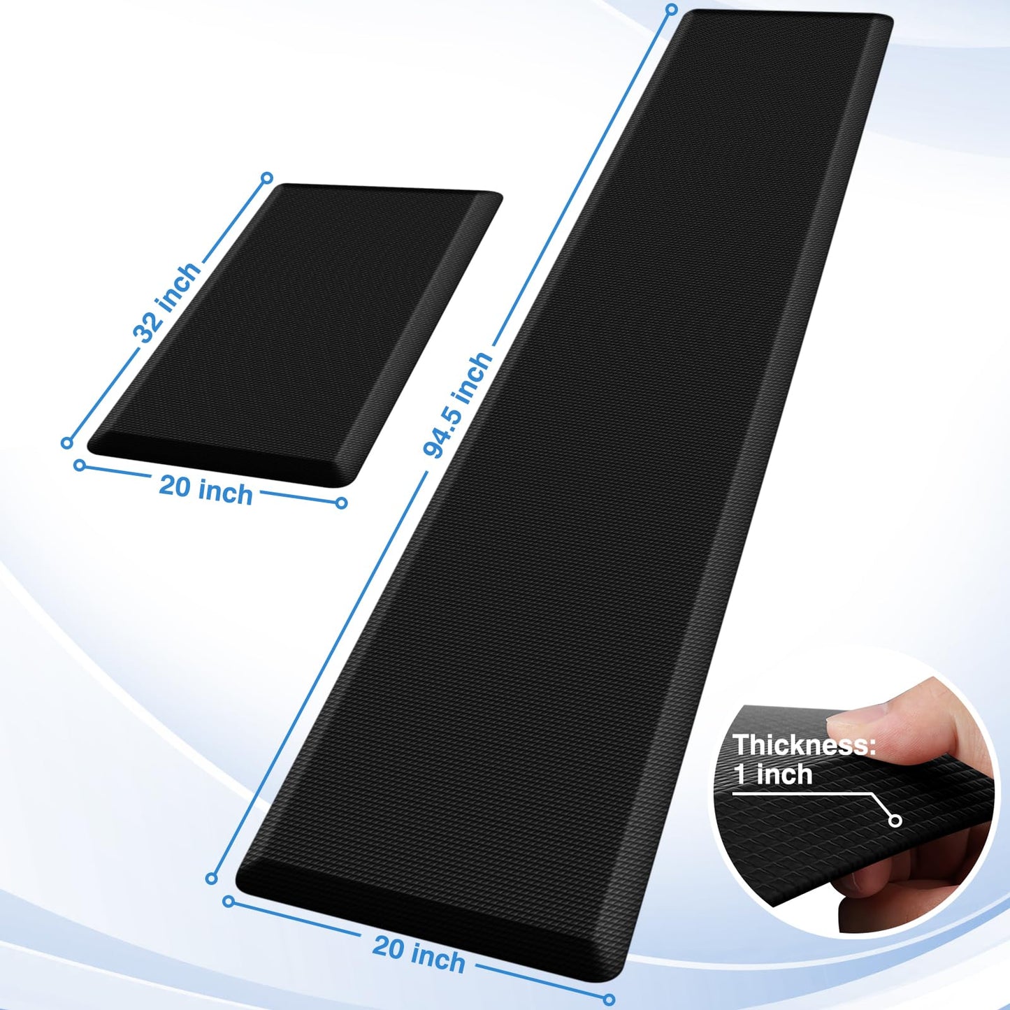 StepRite Kitchen Mats, 2PCS Kitchen Rugs, Cushioned Anti Fatigue Kitchen Mats for Floor, Non-Slip Standing Desk Mat, Waterproof Kitchen Rug Set for Kitchen,20" x 32"+20" x 94.5"-Full 1inch Thick,Black