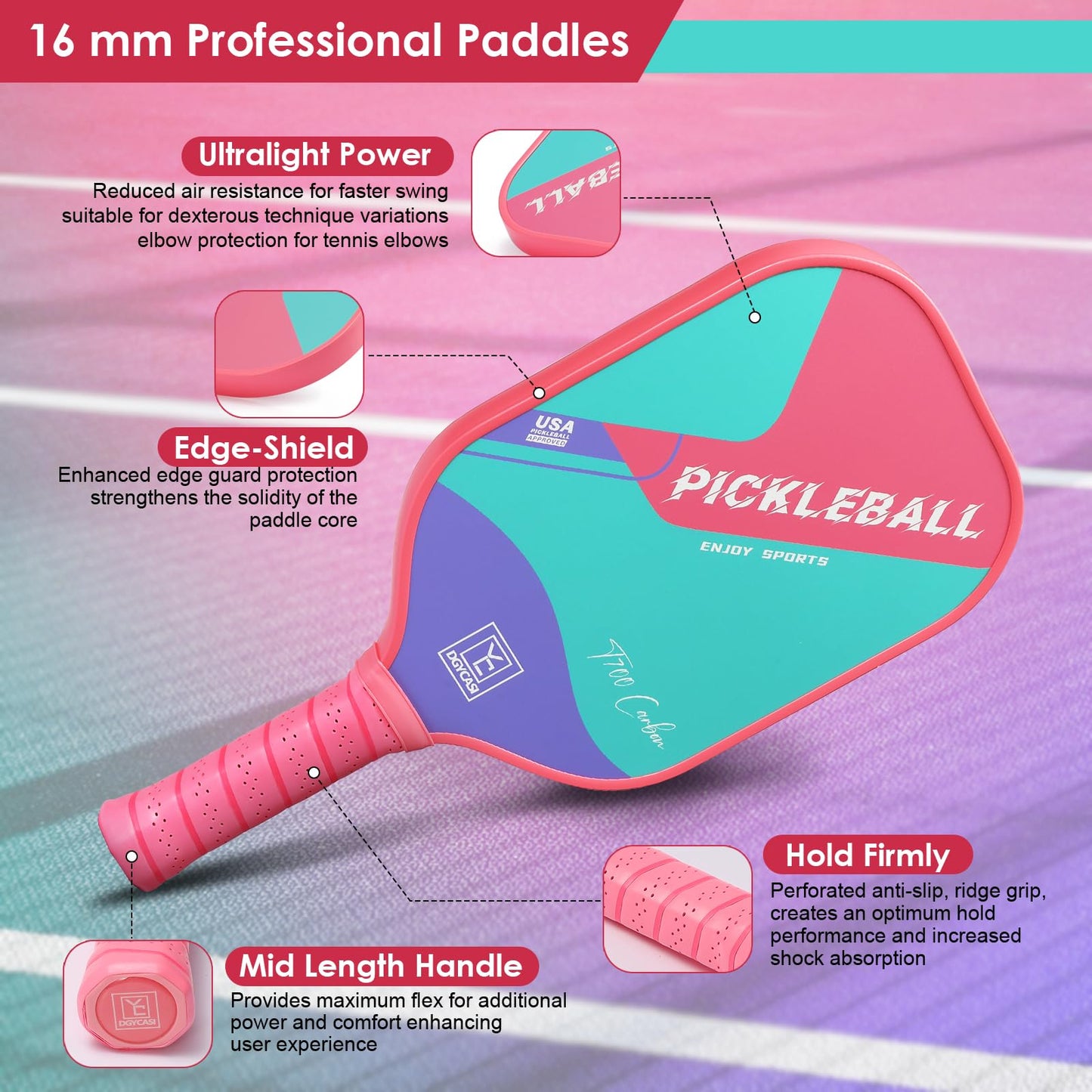 YC DGYCASI 16mm Pickleball Paddles Professional, USAPA Approved, T700 Carbon Fiber Pickleball Paddle Thermoformed, High Grit & Spin, 5.5” Elongated Handle, Handle Girth 4.25”, 8.3oz, with Cover Case