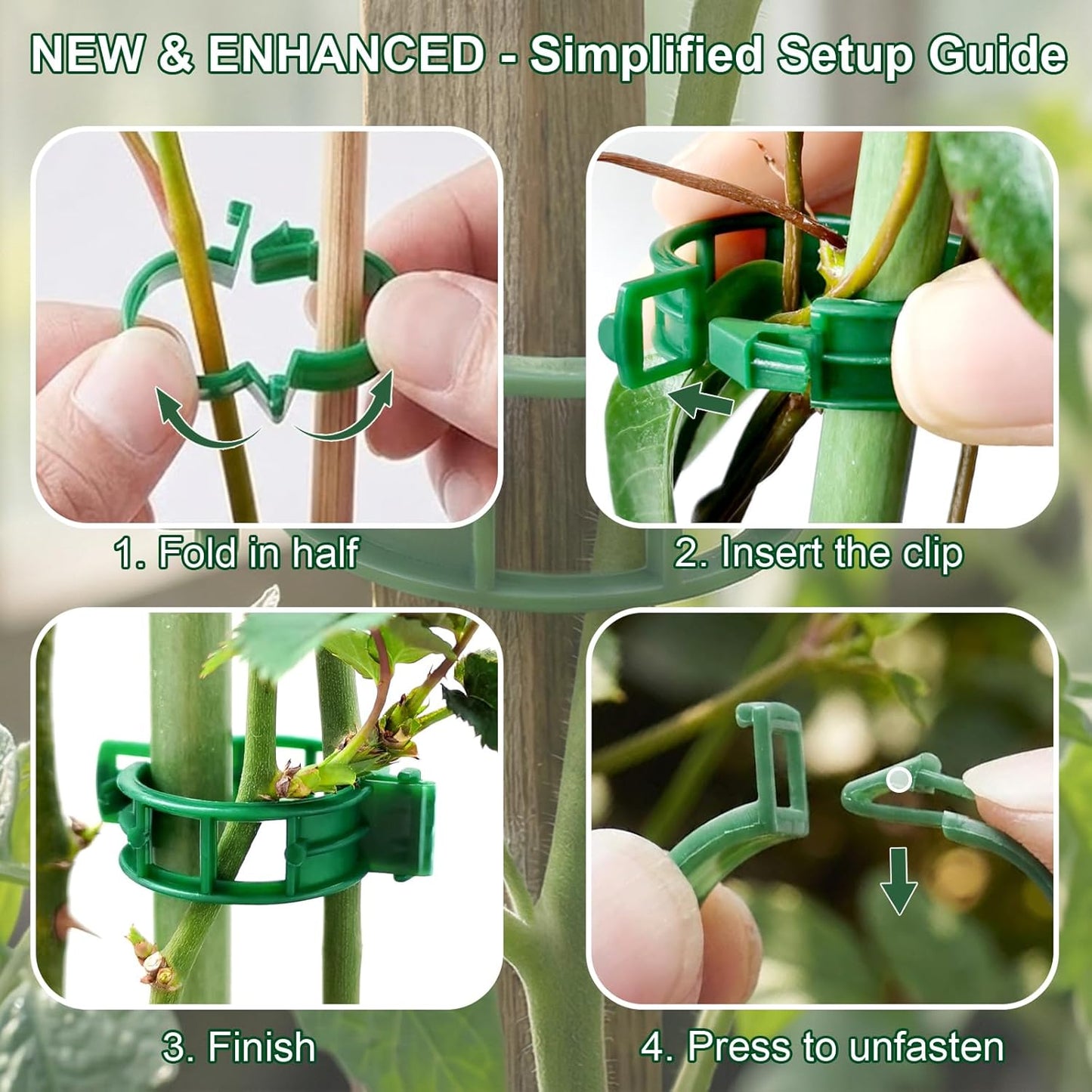 Skiennix Plant Support Clips - 100 Pcs Plastic Tomato Vine Clips for Securing Climbing Plants - Green
