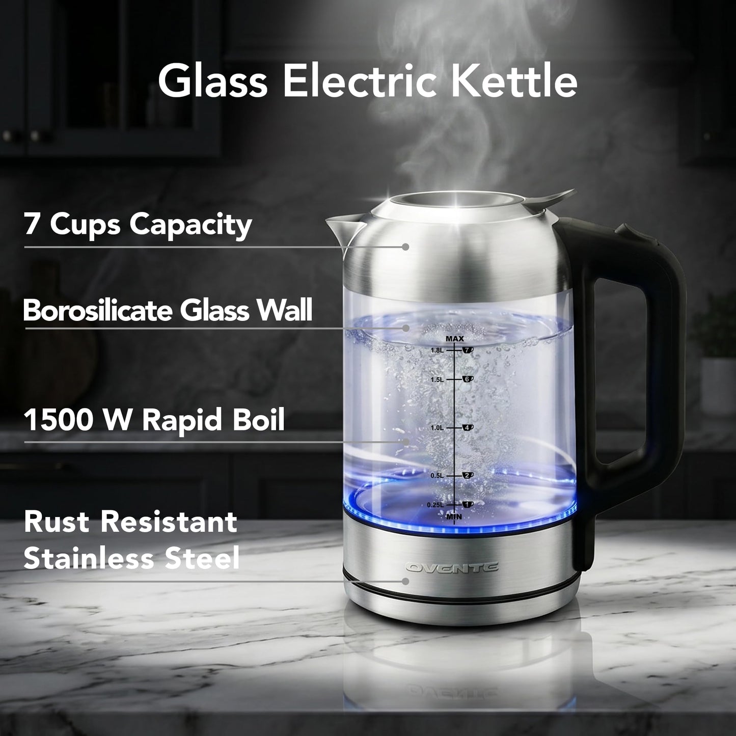 OVENTE Electric Kettle, 1.8L Glass Tea Kettle & Stainless Steel BPA-Free Cordless Electric Kettle, 1500W Fast Boil Electric Pot with Easy-Fill Lid, Auto Shut-Off & Boil Dry Protection, Silver KG751S