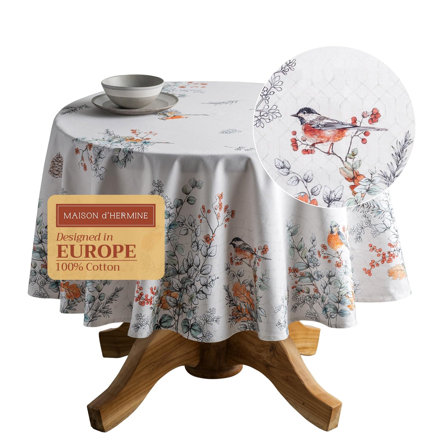 Maison d' Hermine Table Cloth Round Table 100% Cotton 63 Inches Fall Tablecloth Reusable Everyday Use for Thanksgiving Christmas Decorations Dining Farmhouse Party (Whitish Shabby Chique)