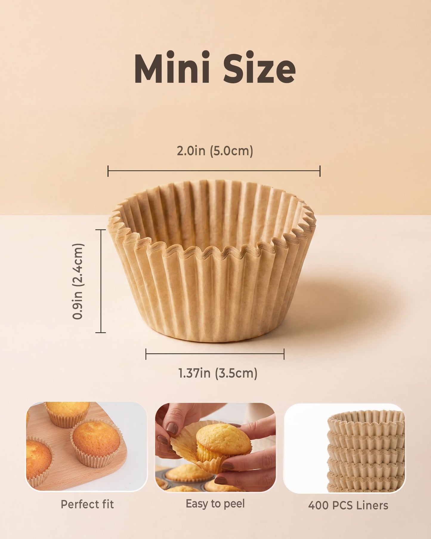 Bake Choice Non-Stick 400pcs Mini Cupcake Liners for Baking, Natural parchment muffin liners for Mini Muffin Pan, Cupcake Pan, Food Grade, Non Stick, Greaseproof