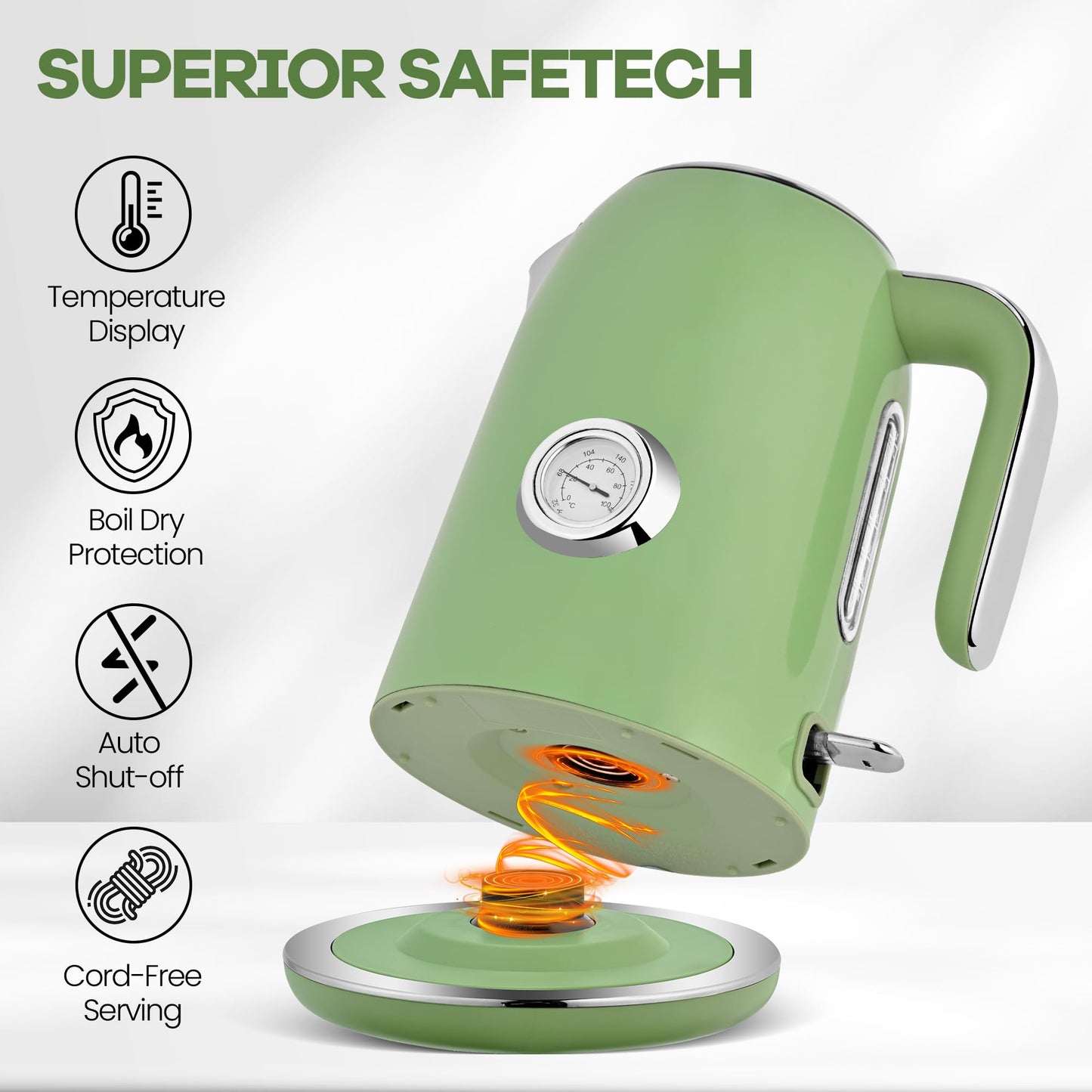 Pukomc Electric Kettle,1.7L Stainless Steel Electric tea kettle with Temperature Gauge, Fast Boiling, Auto Shut - off, BPA - Free, Boil - Dry Protection, (Retro Green)