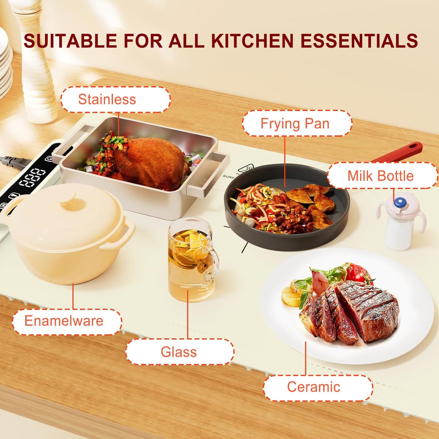 Warming Mat for Food, Food Warming Mat, Portable Electric WarmingTrays Buffets for Buffets Party and Home Daily Use, Heating Fastly in 10s, 5 Temp Levels Timed Function (White)