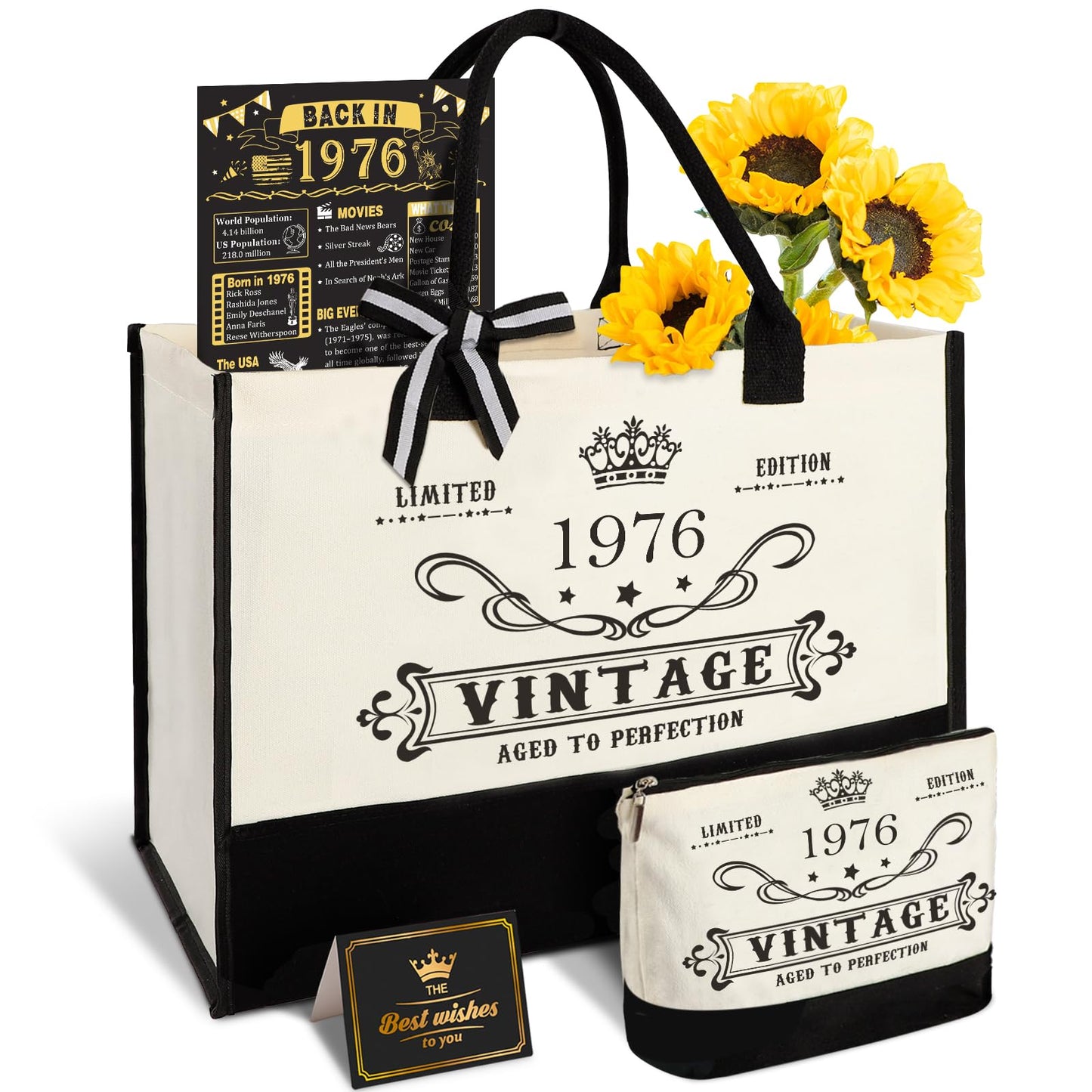 YeohJoy 50th Birthday Gifts for Women Canvas Tote Bag Travel Gear, Unique 50 Years Old Birthday Gifts for Mom Wife Aunt Friends Her, Vintage 1976 Handbag & Cosmetic Bag & Back in 1976 Poster