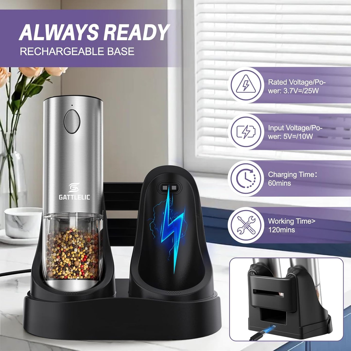 Skiennix Electric Salt and Pepper Grinder Set - Automatic Mill with LED Light & Adjustable Coarseness - Rechargeable Black & Sea Salt